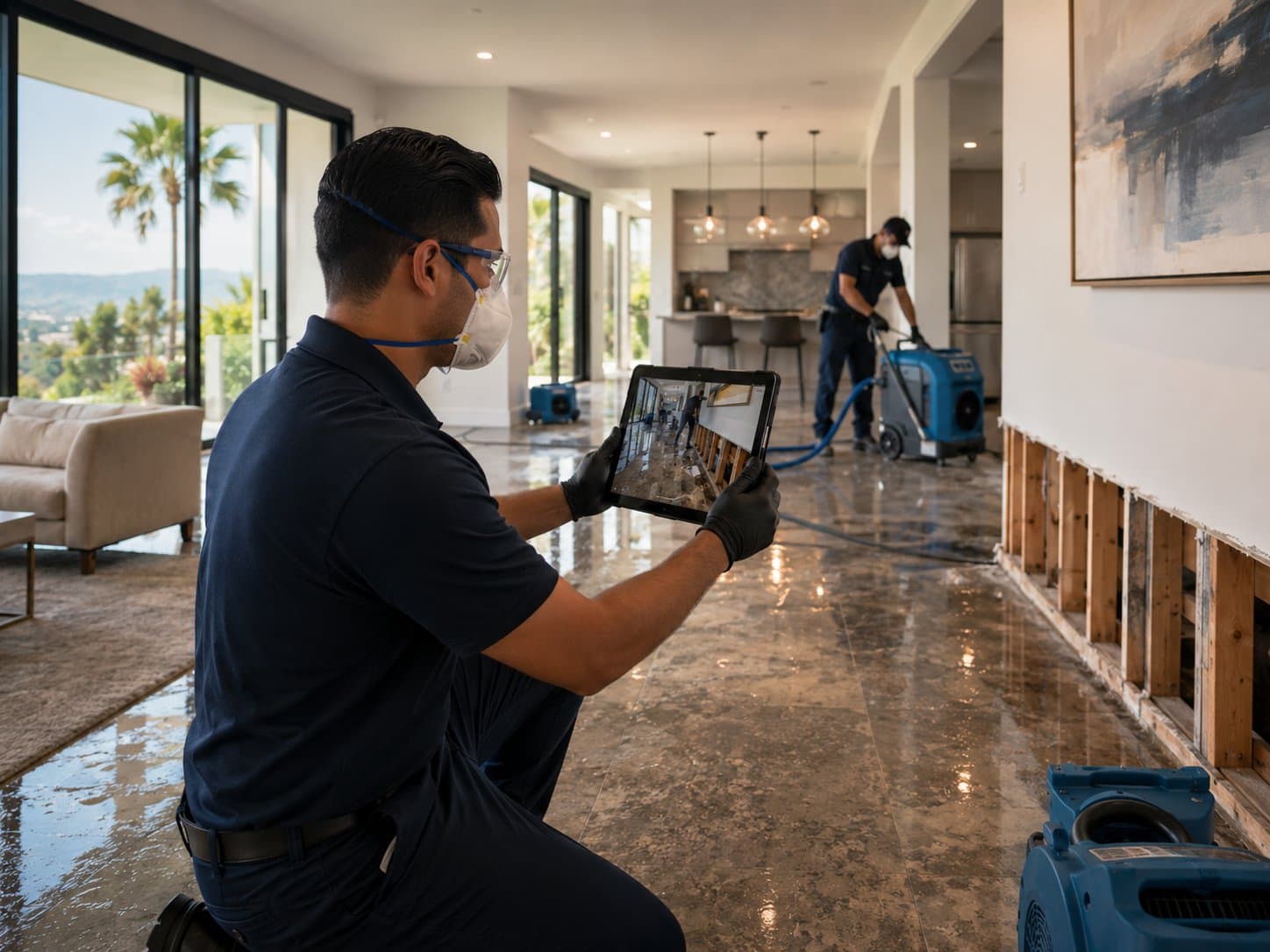 Restoration project manager documenting a moisture assessment on a tablet on site