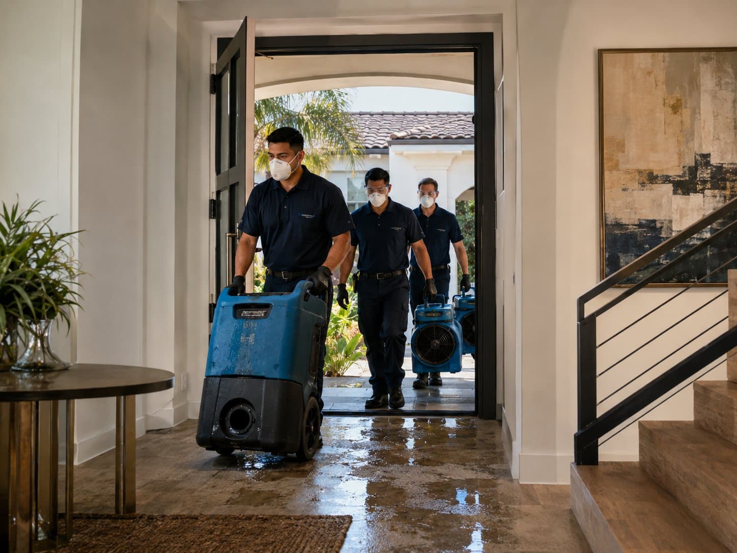 Restoration crew entering a home with emergency drying equipment for a rapid response