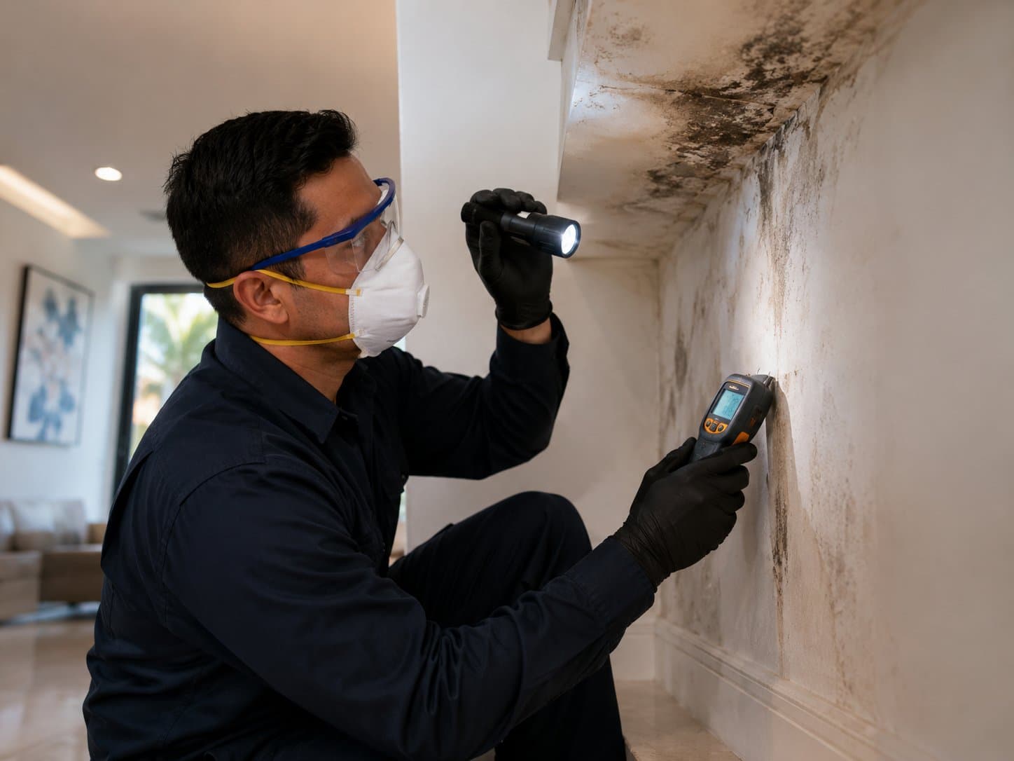 Inspector in mask and gloves examining black mold growth on a wall during a mold inspection