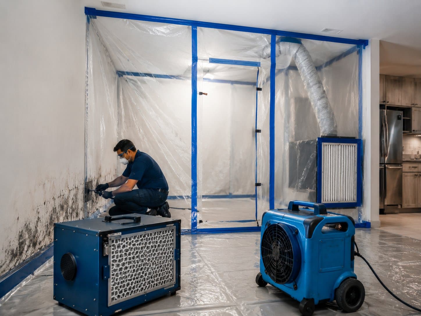 Mold remediation containment barrier with negative-air HEPA scrubber set up inside a home