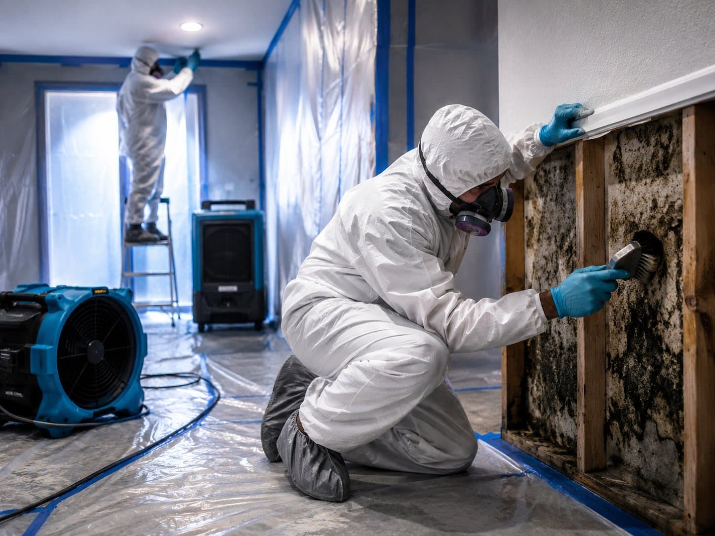 Technician in full PPE removing mold-damaged drywall under containment with a HEPA air scrubber