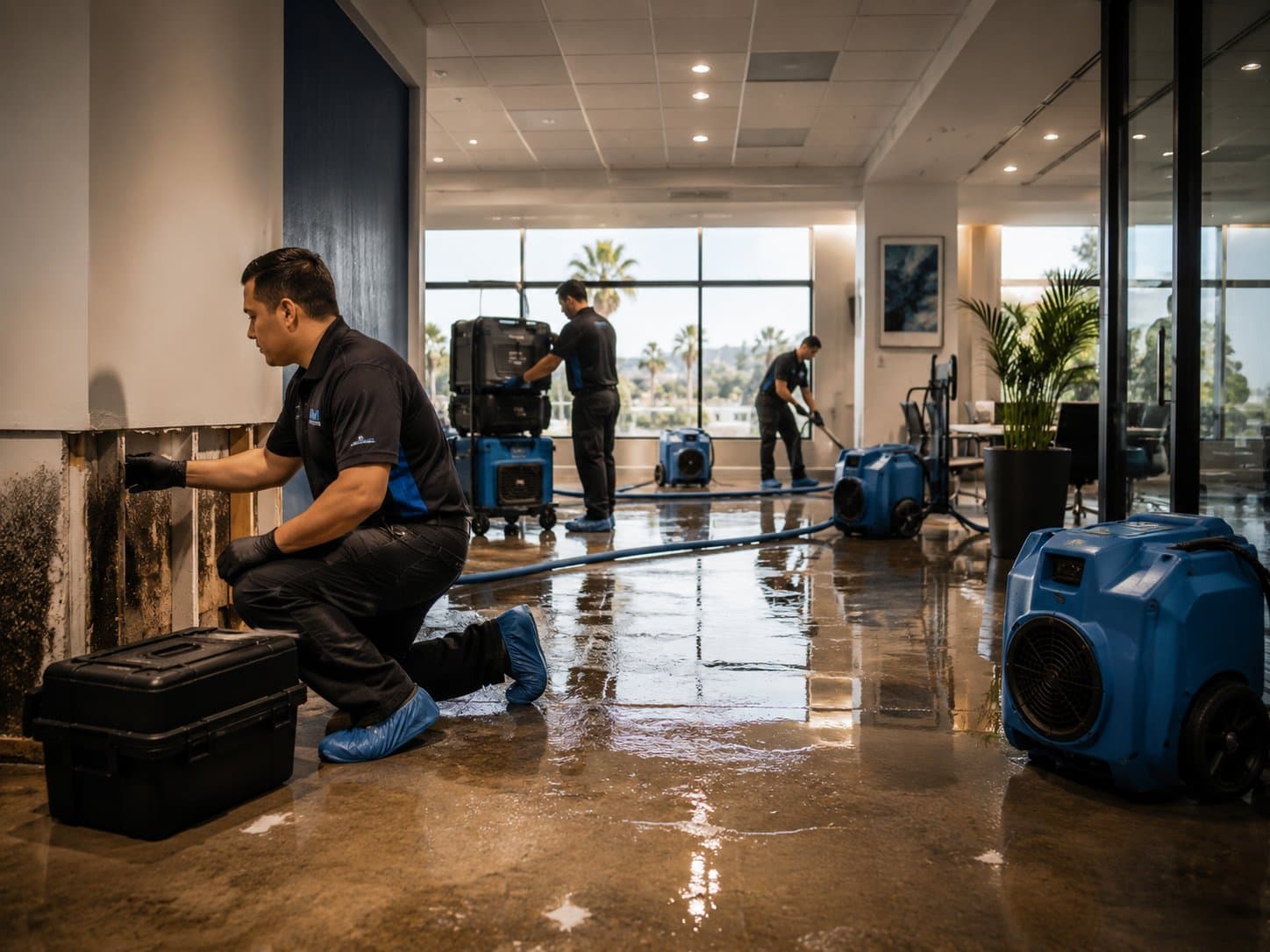Restoration technician running professional air movers on a wet floor after water damage in a Los Angeles home