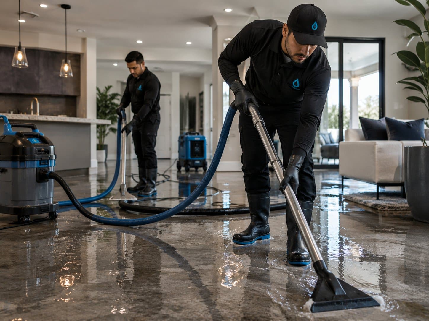Water restoration specialist vacuuming water from hardwood floors after a burst pipe