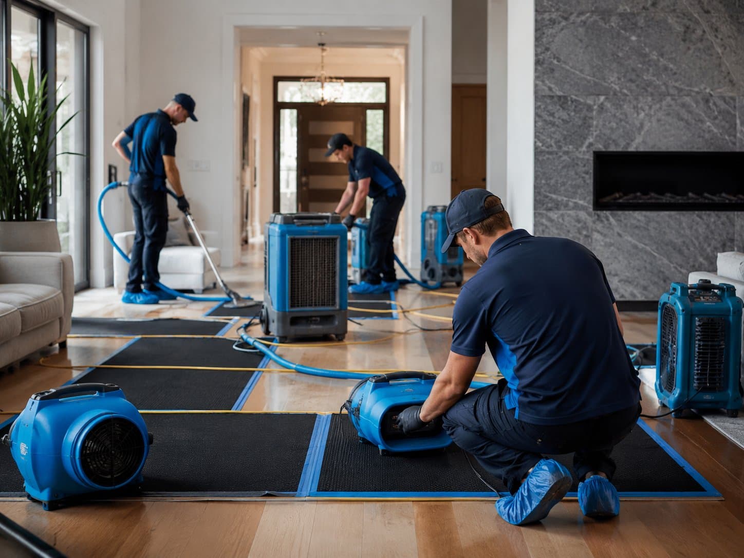 Two restoration technicians positioning air movers and drying equipment for structural drying