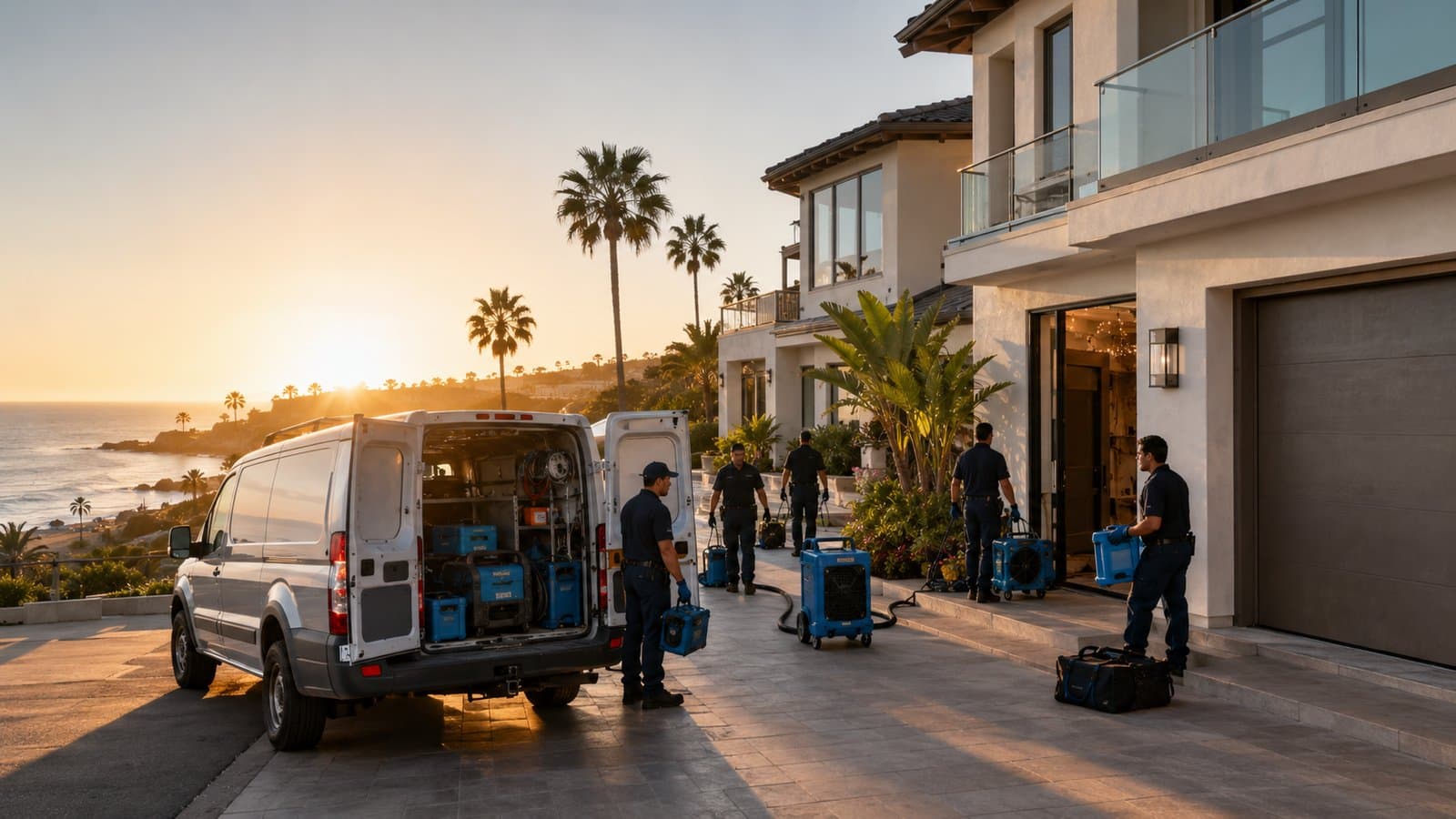 SoCali restoration crew arriving and unloading equipment from a response van at golden hour