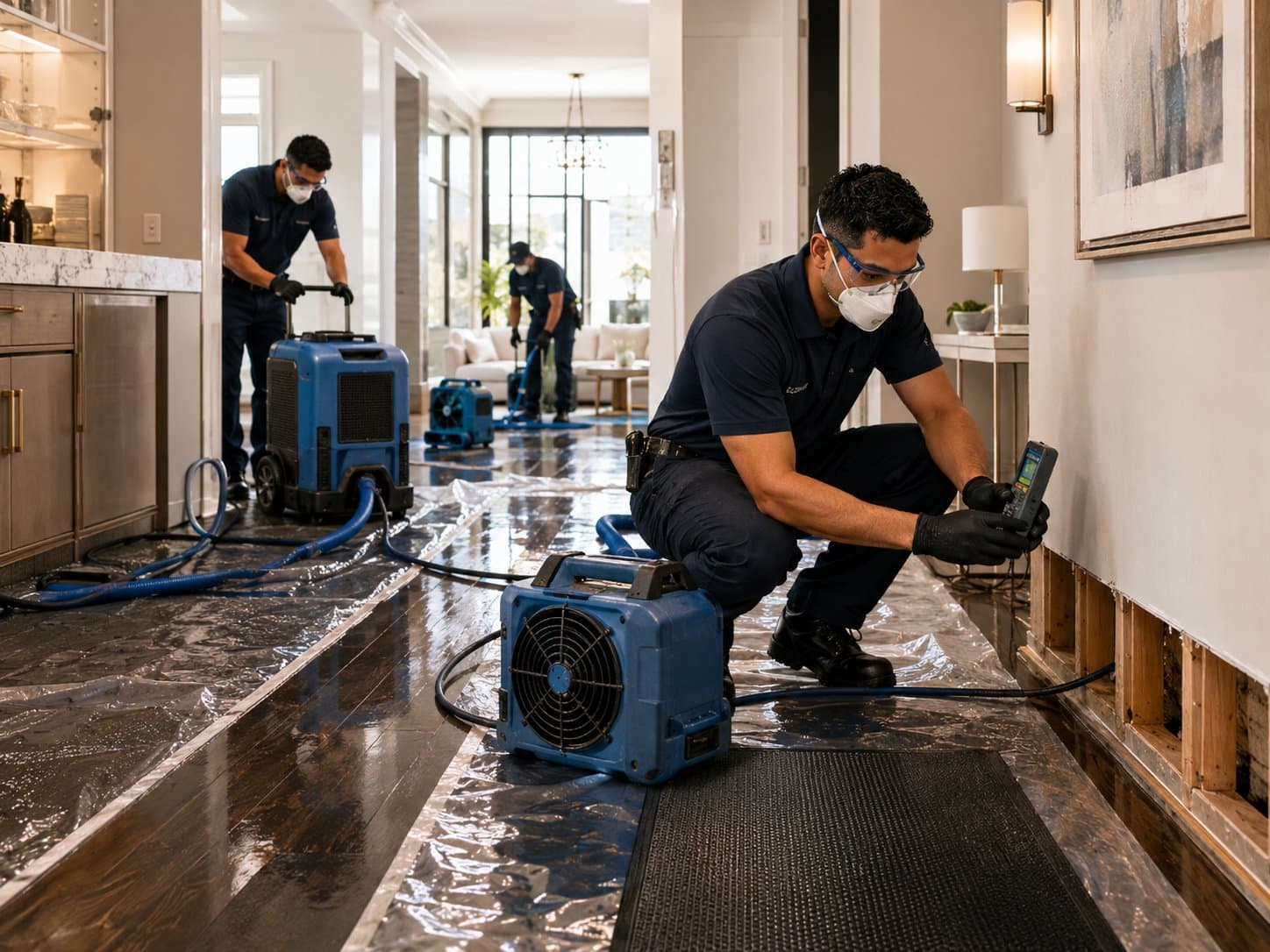 Crew member extracting flood water from a saturated floor during emergency flood cleanup