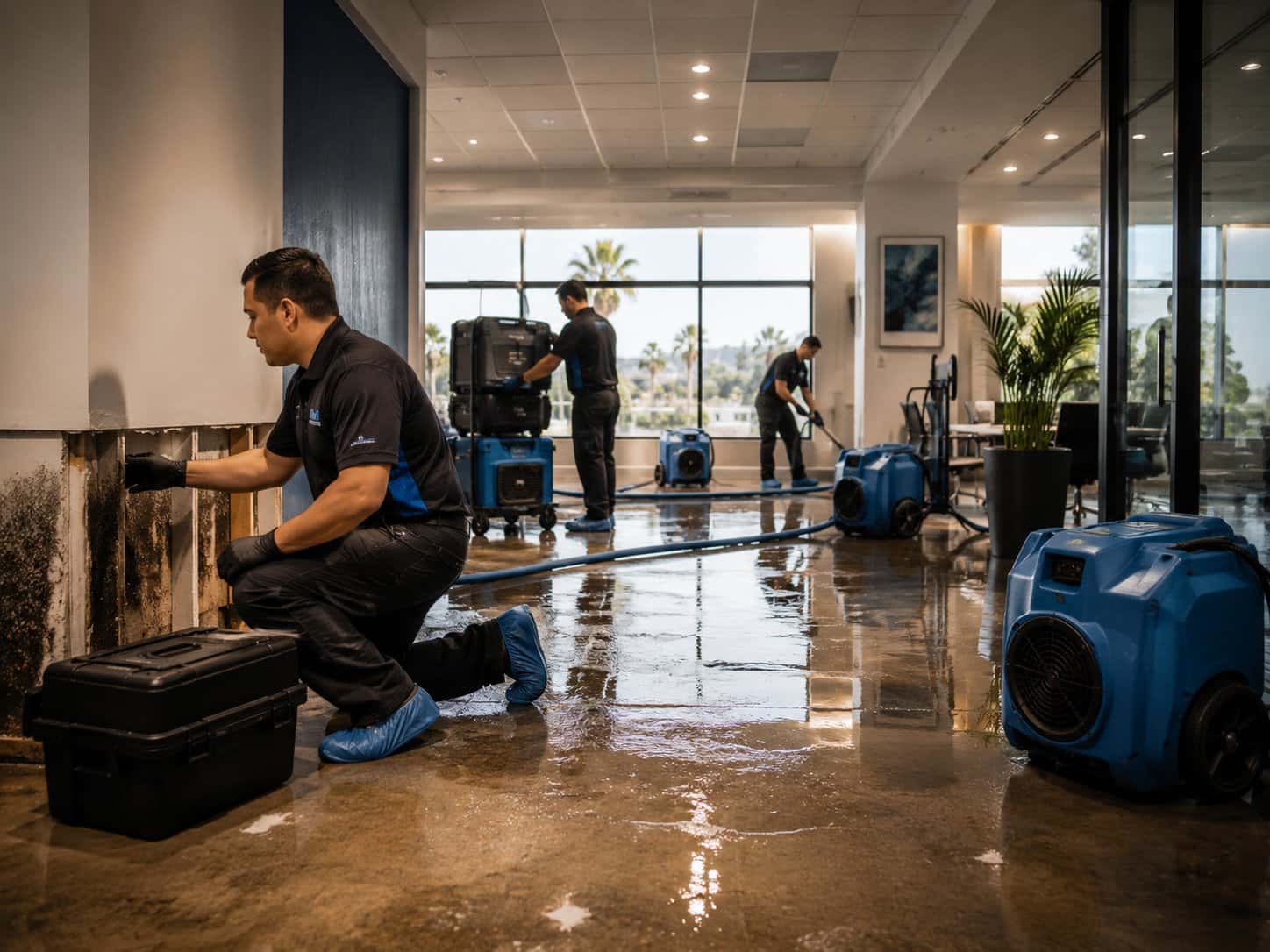 Restoration technician running professional air movers on a wet floor after water damage in a Los Angeles home