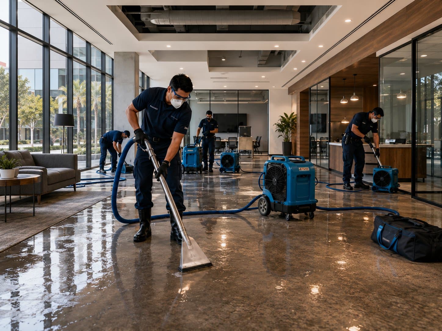 SoCali restoration crew responding in Encino, CA — Technician extracting standing water from a flooded living room during emergency water damage restoration